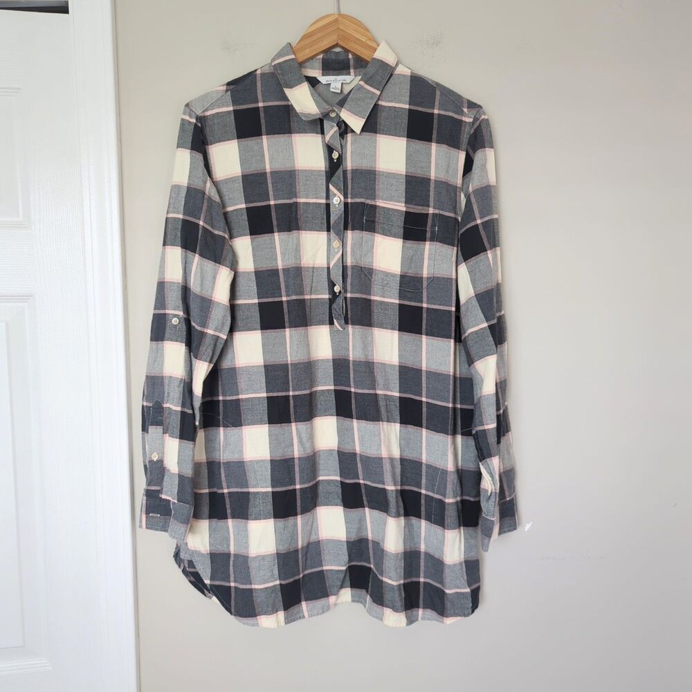 L.L. Bean Signature Women's Black Pink Plaid Flannel Tunic Top Large 1/2 Button